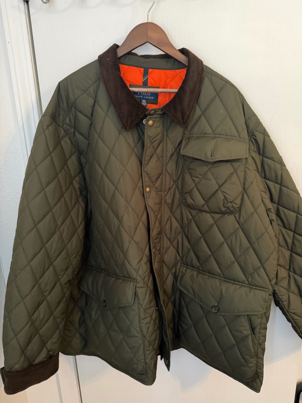Ralph Lauren Olive Green Quilted Field Jacket with Brown Corduroy Collar